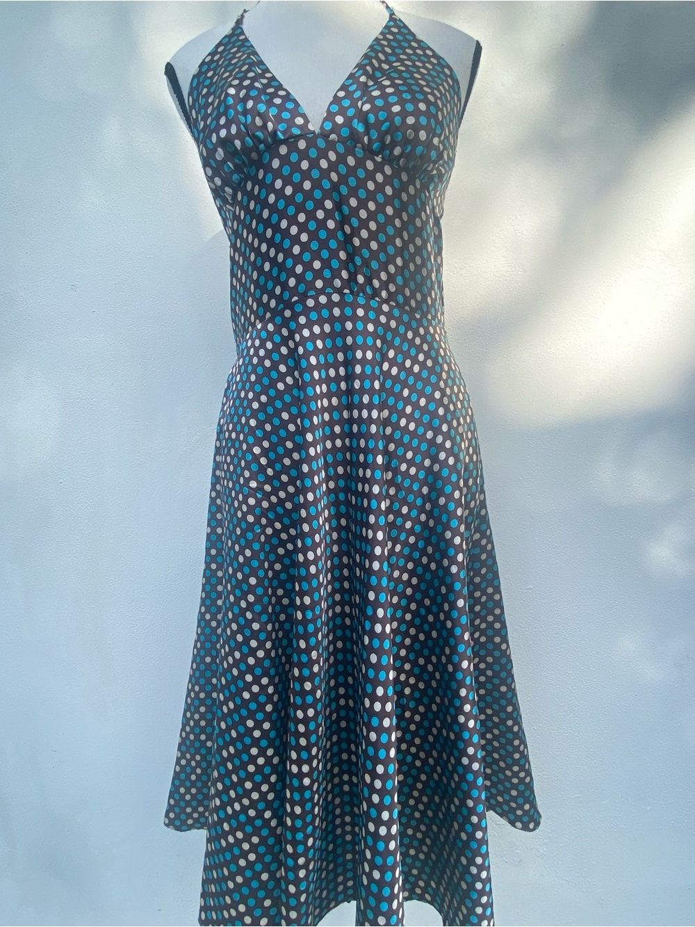 Y2K Blue, Brown & Cream Polkadot Retro Coquette Halter Dress Size 5/6 Small